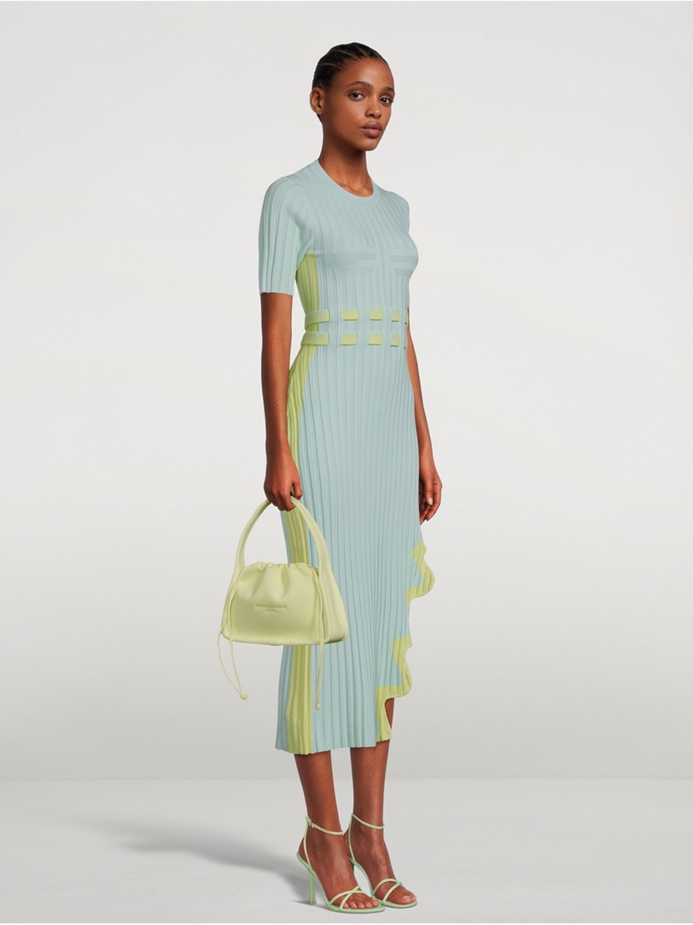 PH5 Jodie Pleated Midi Dress in Mint with Yellow Trim. Super stretchy.